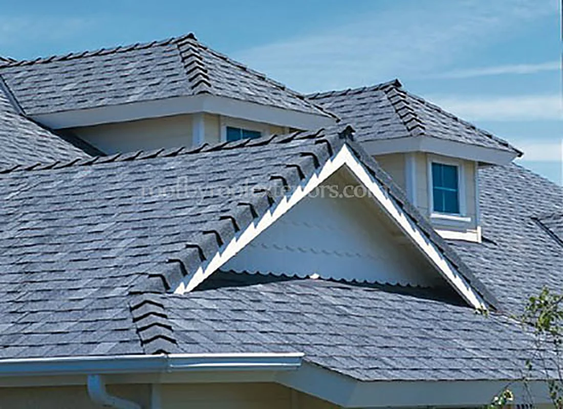 Blue-grey shingle roof with dormer windows