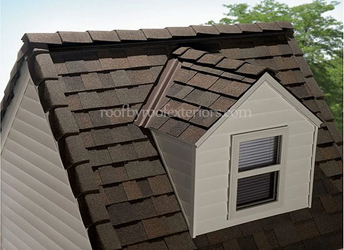 Brown laminated shingles around a dormer with a vent