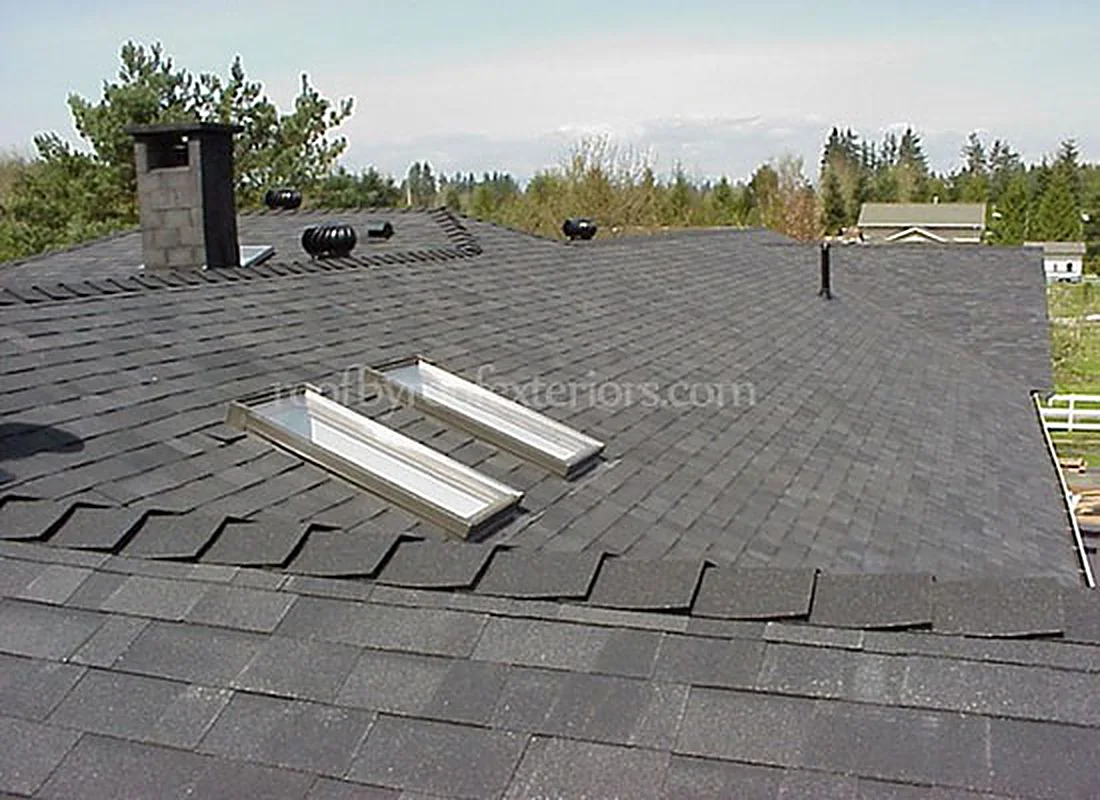 Low-slope shingle roof with two skylights and a chimney