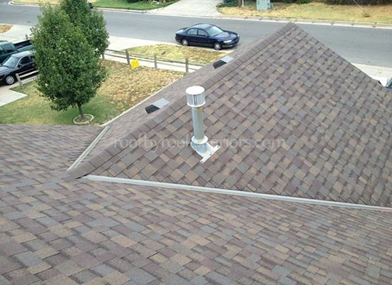 Shingle roof with a vent pipe and hip ridge