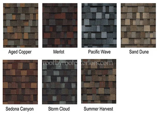 Grid of shingle colour swatches: Aged Copper, Merlot, Pacific Wave, Sand Dune, Sedona Canyon, Storm Cloud, Summer Harvest